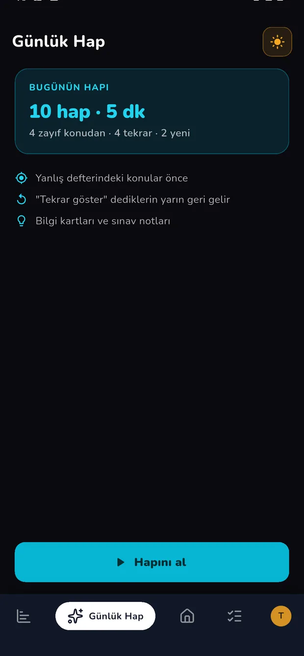 Günlük Hap ekranı: bugünün 10 hapı ve başlama düğmesi