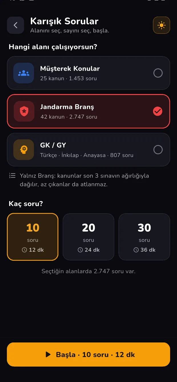 Karışık Sorular ekranı: alan seçimi ve 10, 20, 30 soru seçenekleri