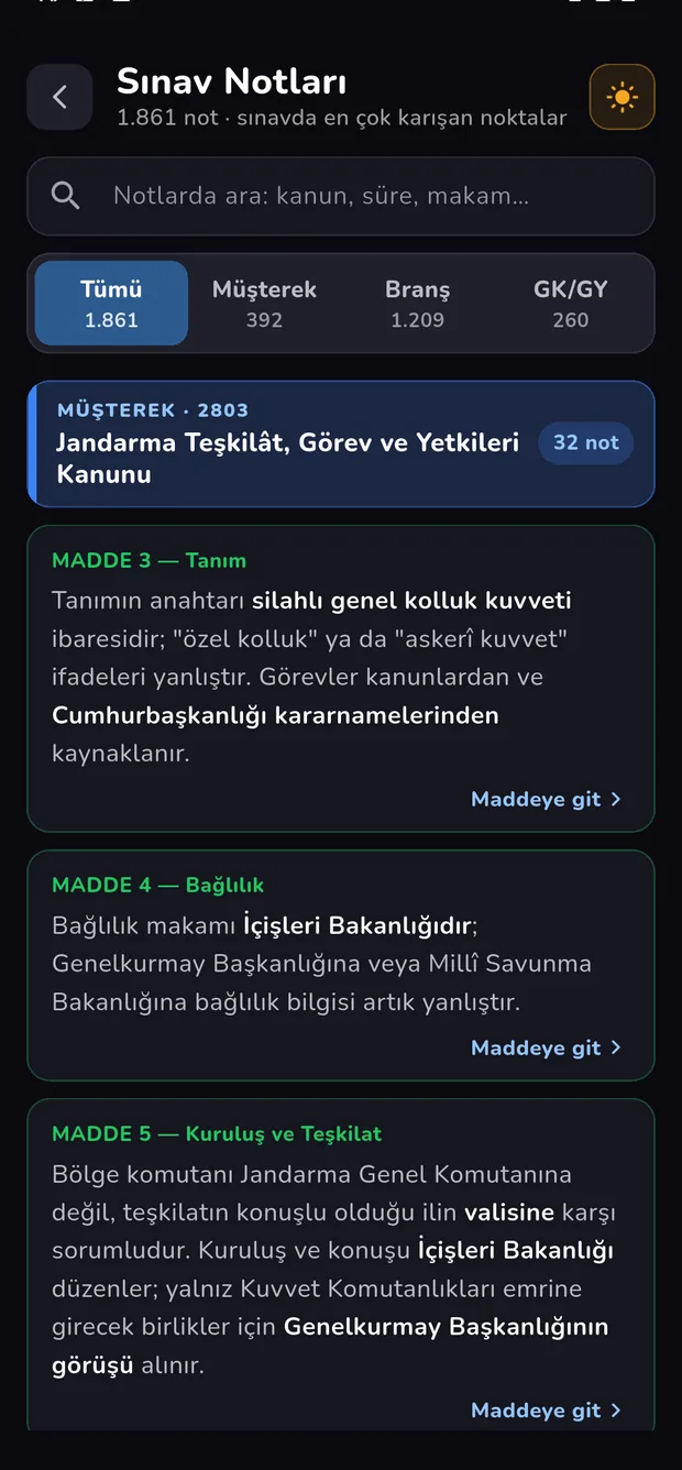 Sınav Notları ekranı: Müşterek, Branş ve GK/GY sekmeleri, arama kutusu ve madde bazlı notlar