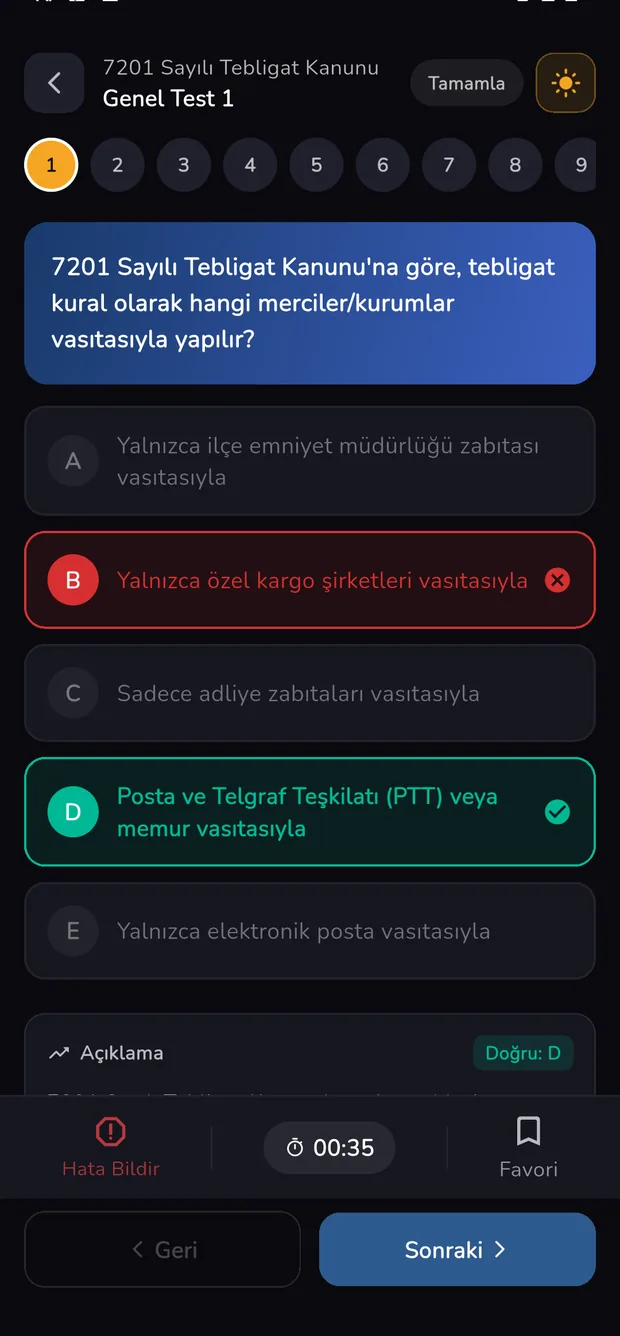 Soru çözme ekranı: seçenekler, doğru cevap ve açıklama